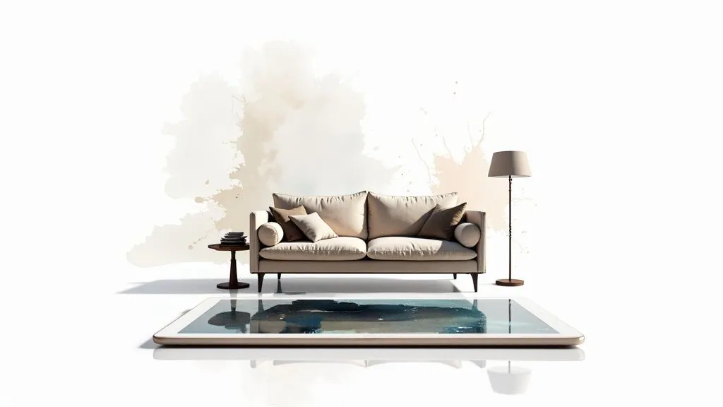 A modern living room designed with AI, showcasing neutral tones and a clean layout.