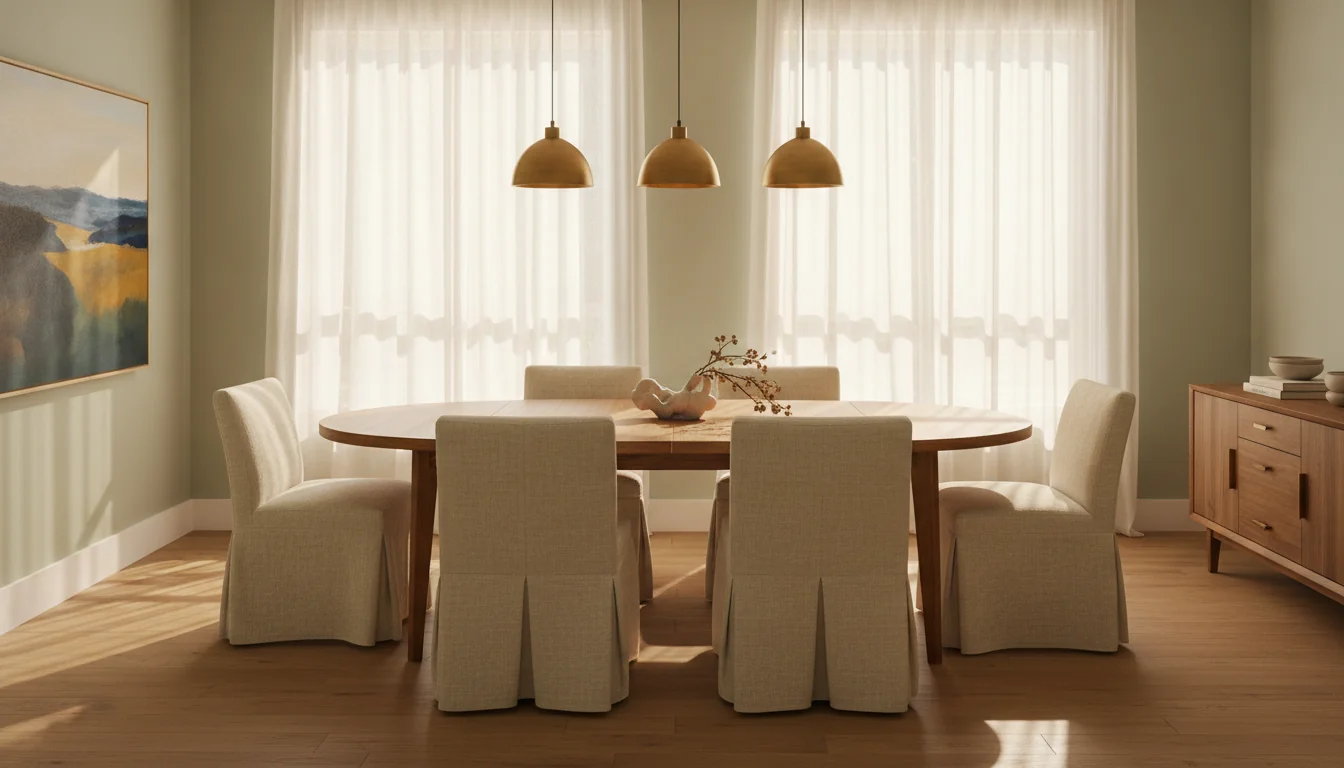 A photoreal AI-rendered dining room at midday with a warm medium-brown oval oak dining table seating six on upholstered side chairs in cream linen, a low ceramic centerpiece, warm brass pendant lights suspended above the table at the correct height, a pale sage green wall, a large abstract landscape painting on the wall, a walnut sideboard against the far wall, sheer white curtains at the window, warm natural light filling the room, and the table proportioned precisely to the room dimensions with 36 inches of clearance on all sides — illustrating correct dining table sizing.