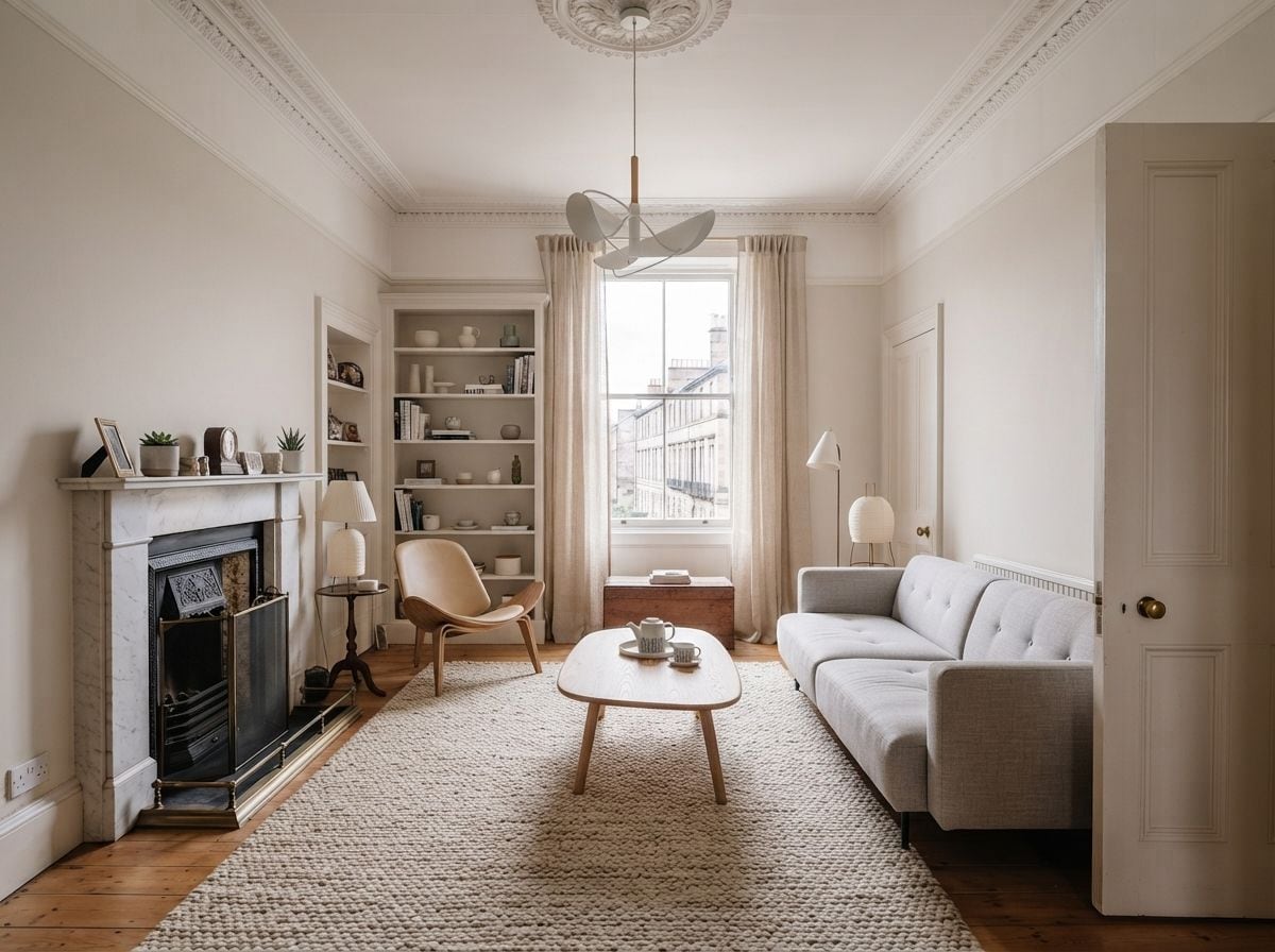 The same living room redesigned by Roomalune in a warm minimal style