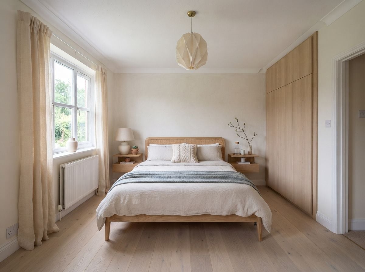 A bedroom redesigned by Roomalune, with a made bed and bedside lighting
