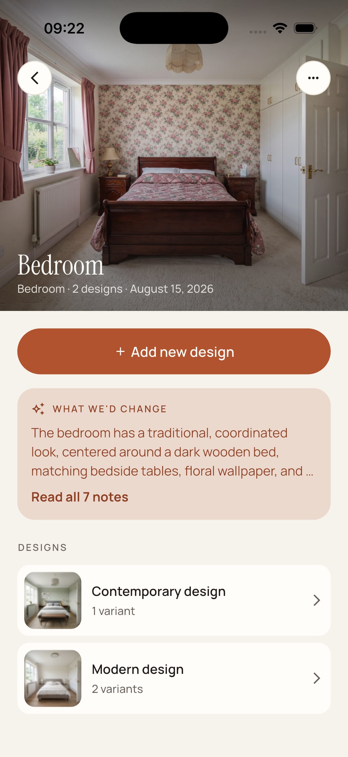 The Roomalune app showing a saved room with its designs and variants listed underneath