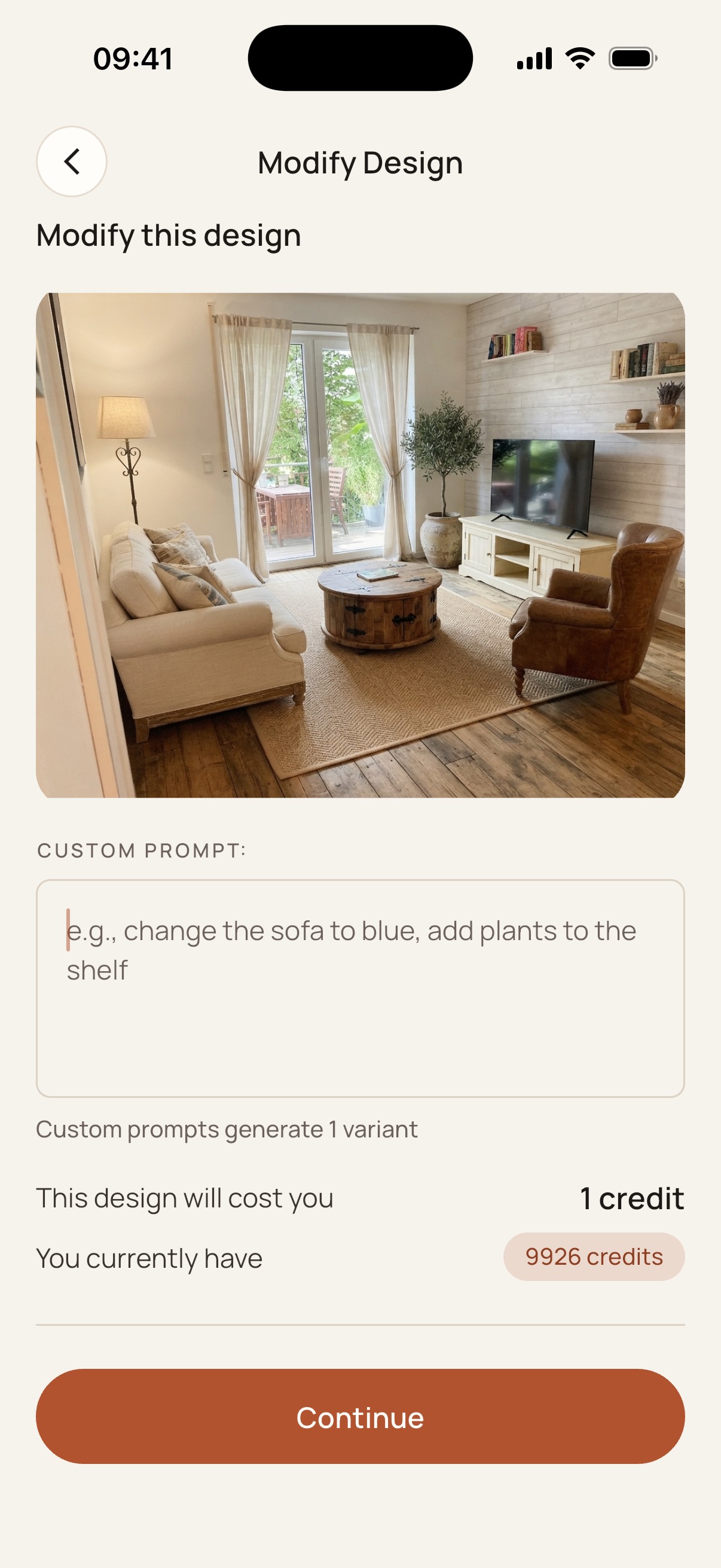 The Roomalune app modifying an existing design with a text instruction