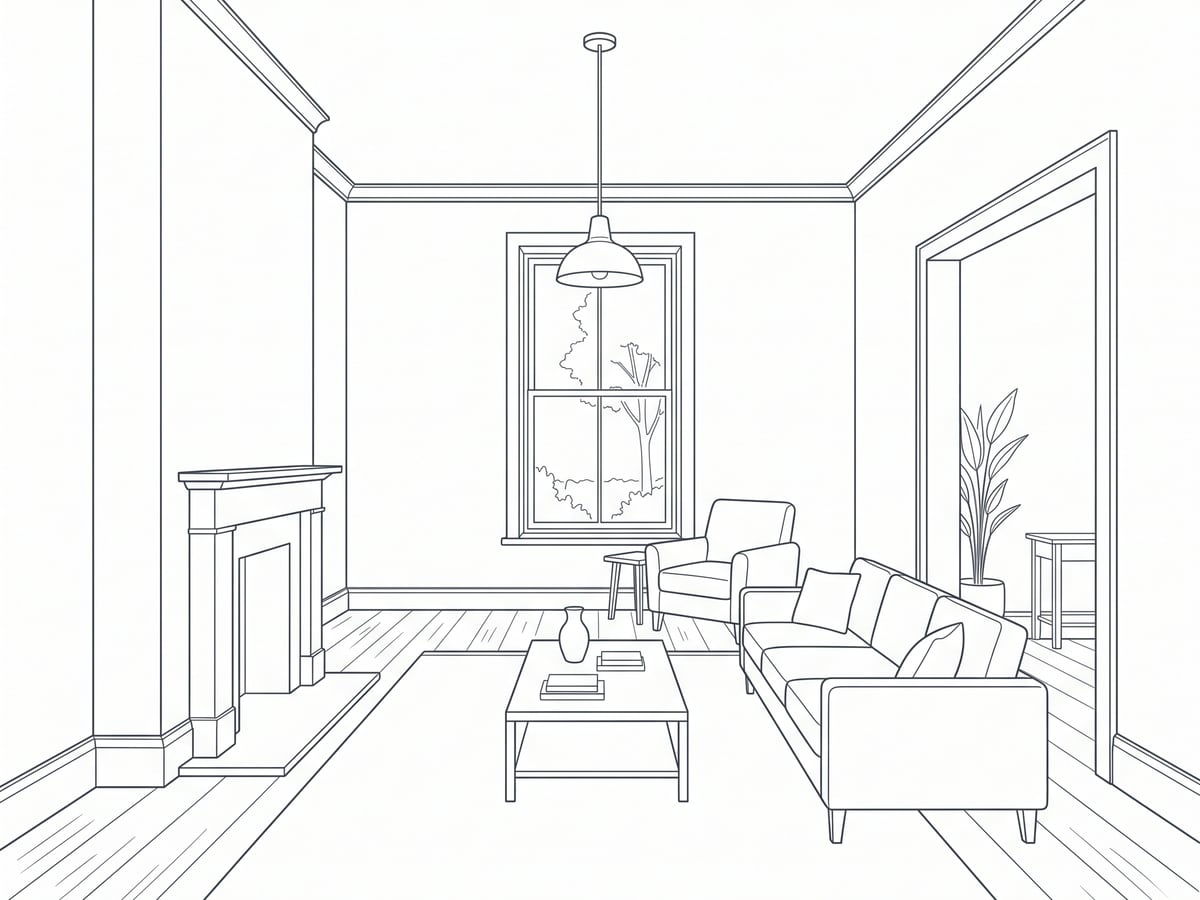A hand-drawn pencil sketch of a room interior